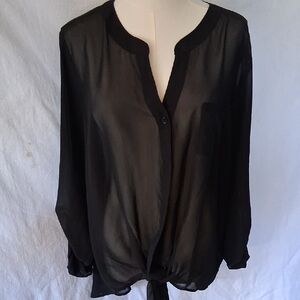 Black Tie Front Blouse with Mandarin Collar Pocket On Left Side. Size XXL